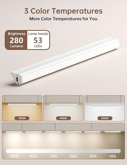 LED Under Cabinet Lighting Wireless, 2400mAh Rechargeable Cabinet Light, Battery Operated, Display Cabinet Lights, Stick on, 3-Color Shelf Lights, dimmable, with Remote Control(White, 2-Pack 12.2inch)