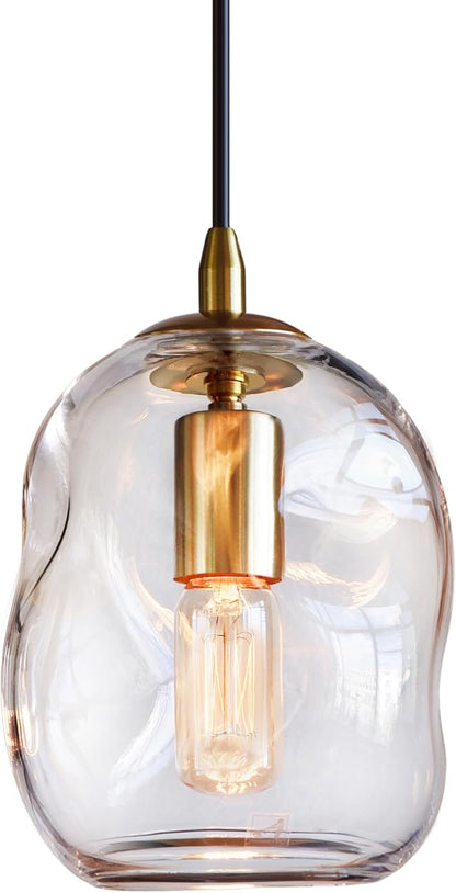 CASAMOTION Glass Pendant Light Gold and Clear Organic Globe Ceiling Hanging Fixtures Modern Industrial Ambient Lighting Over Kitchen Island Sink Bar Counter Porch Small Medium Lamp 8 Inch H