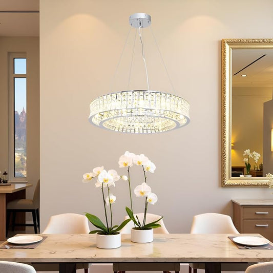 Modern Crystal Chandelier Round 12-Light Contemporary Hanging Ceiling Light Fixture Chrome Finish with Clear Rectangular Crystals Dining Room Living Room Bedroom Entryway Lighting Easy Install 24''