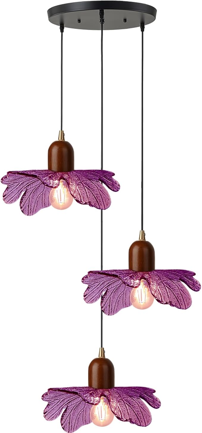 Mid Century Pendant Light 3-Light Purple Glass Chandelier Vintage Walnut Wood Hanging Pendant Lamp Art Decoration Light Fixtures Modern Pendant Lighting for Dining Room Bedroom