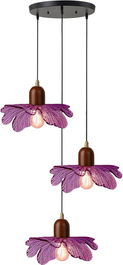 Mid Century Pendant Light 3-Light Purple Glass Chandelier Vintage Walnut Wood Hanging Pendant Lamp Art Decoration Light Fixtures Modern Pendant Lighting for Dining Room Bedroom