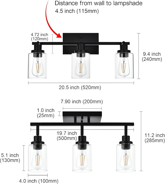 MELUCEE 3 Light 20.5 Inch Bathroom Vanity Light Black Track Lighting Fixtures Ceiling, Vanity Lighting Fixtures with Rotatable Track Head for Hallway Porch Foyer Bath Storage, Clear Glass Shade