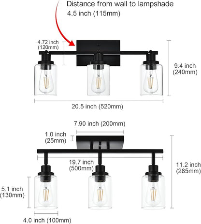 MELUCEE 3 Light 20.5 Inch Bathroom Vanity Light Black Track Lighting Fixtures Ceiling, Vanity Lighting Fixtures with Rotatable Track Head for Hallway Porch Foyer Bath Storage, Clear Glass Shade