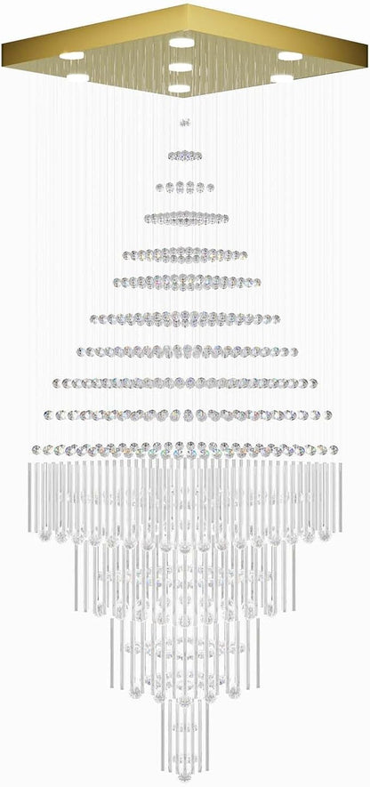 Flashing God D32''X H79'' Extra Large Chandeliers for High Ceilings Square Crystal Raindrop Gold Chandeliers Large Villa Chandelier Entrance Foyer Ceiling Light LED Dimmable 2700K-6000K