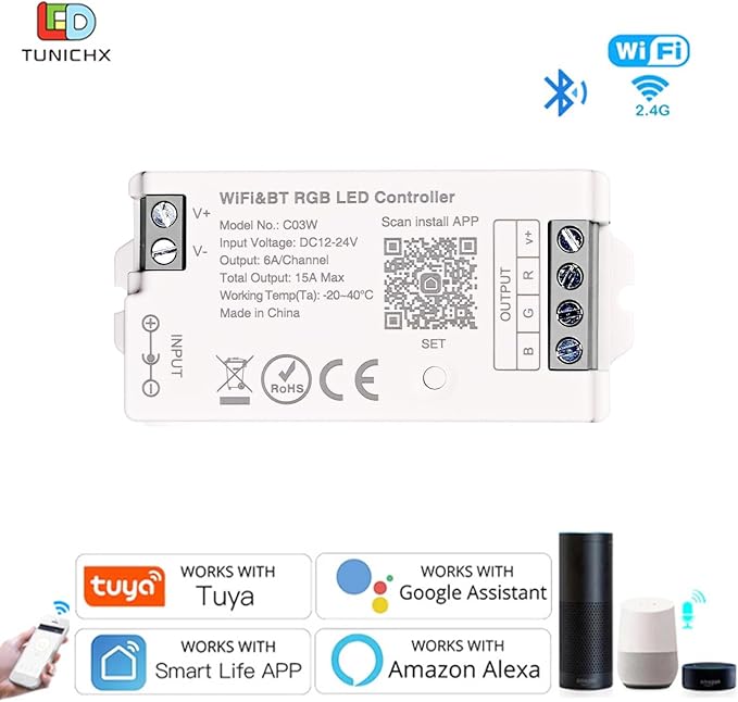 C03W RGB LED Controller, Tuya WiFi & 2.4G RF LED Dimmer for 4Pin SMD FCOB Strip, APP Control, Compatible with Alexa Google Home, Compatible with WR01RF RC03RFB RC04RFB RC05RFB Remote