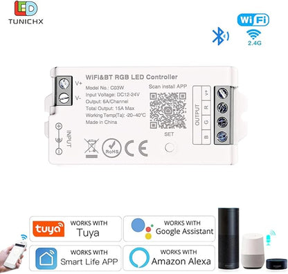 C03W RGB LED Controller, Tuya WiFi & 2.4G RF LED Dimmer for 4Pin SMD FCOB Strip, APP Control, Compatible with Alexa Google Home, Compatible with WR01RF RC03RFB RC04RFB RC05RFB Remote