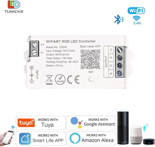 C03W RGB LED Controller, Tuya WiFi & 2.4G RF LED Dimmer for 4Pin SMD FCOB Strip, APP Control, Compatible with Alexa Google Home, Compatible with WR01RF RC03RFB RC04RFB RC05RFB Remote