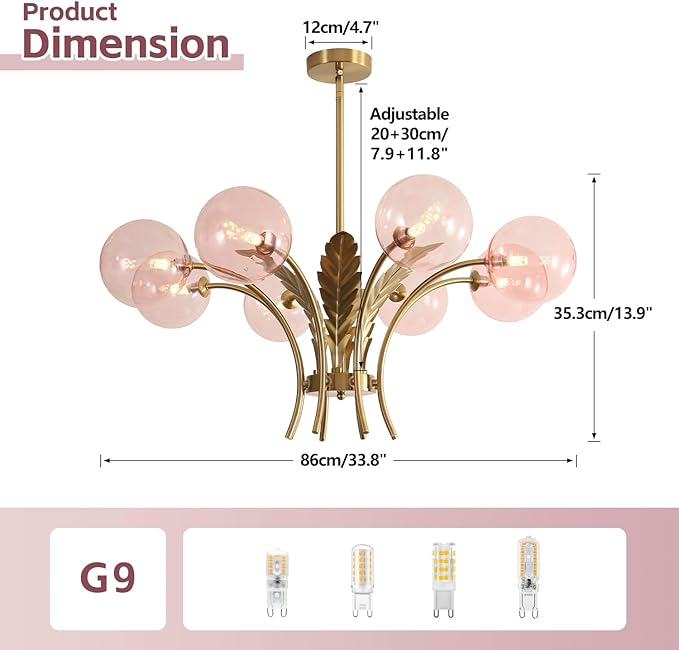 BOKT 8 Pink Ceiling Light Fixture Large Sputnik Vintage Gold Farmhouse Chandelier Rustic Lighting Glass Globe Pendant Lights for Dining Bedroom Living and Girls Room G9 Bulb Included