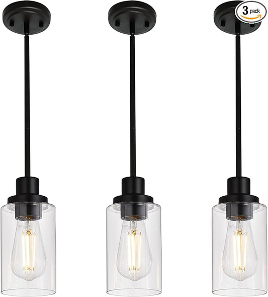 MELUCEE Kitchen Island Pendant Lighting 3 Pack Adjustable Black Hanging Ceiling Lamp with Clear Glass Shade for Bar Dining Room Corridor Living Room Bedside, 1-Light