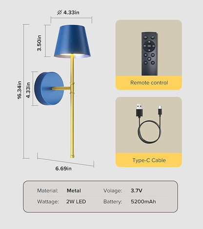 UME Wireless Sconces Set of 2 with Remote, 5200mAh Battery Powered Sconces - Small Rechargeable Sconces w/ 3 Color Temps & 5 brightness levels for Bedroom, Living Room, Wall Painting, Cafe (Blue-gold)