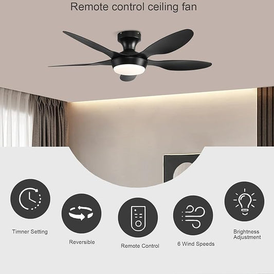 GJeg Ceiling Fan with Lights, 46 Inch Low Profile Ceiling Fan with Light and Remote Control, Flush Mount, 6 Speeds Reversible, Dimmable Noiseless Ceiling Fans for Bedroom, Black