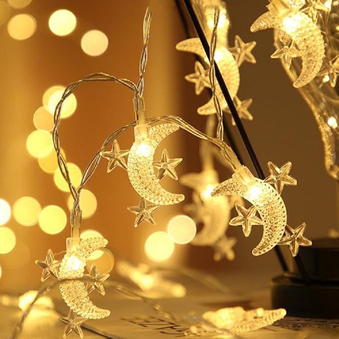 Moon Star String Lights Plug in, 10ft 20 LED Star and Moon Fairy Lights Warm White for Birthday Party Christmas Holiday Home Decoration