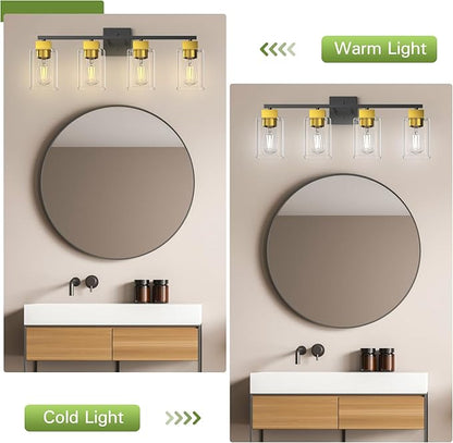 4 Light Bathroom Vanity Light - Black and Brushed Gold Bathroom Light Fixtures UL Certification, Square Light Fixture Over Mirror, Farmhouse Light Fixtures for Bathroom & Bedroom