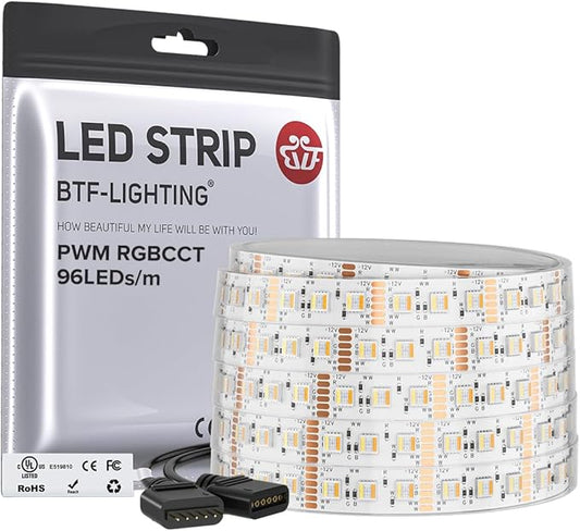BTF-LIGHTING RGBCCT 5 Colors in 1 LED 5050SMD RGBWW RGB+Dimmable Tunable Color Temperature 2700K-6500K UL Listed 16.4ft 96LEDs/m 480LEDs DC12V Multi-Colored Tape Lights IP67(No Adapter or Controller)