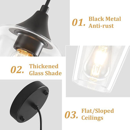 2-Pack Black Pendant Lights Kitchen Island, Modern Glass Pendant Lighting Over Island Kitchen Hanging Light Fixtures Hallway Pendant Lights for Bathroom Dining Room Entryway Foyer Bedroom