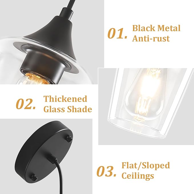 3-Pack Pendant Lights Kitchen Island Modern Glass Pendant Lighting Over Island Kitchen Hanging Light Fixtures Adjustable Hallway Pendant Lights for Bathroom Dining Room Entryway