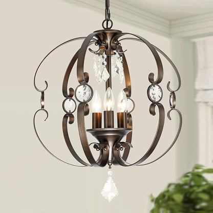 Farmhouse Crystal Chandeliers for Dining Room Light Fixture, 3-Light 18 Inch Candle Bronze Crystal Chandelier for Kitchen Island, Living Room, Foyer, Staircase, Villa