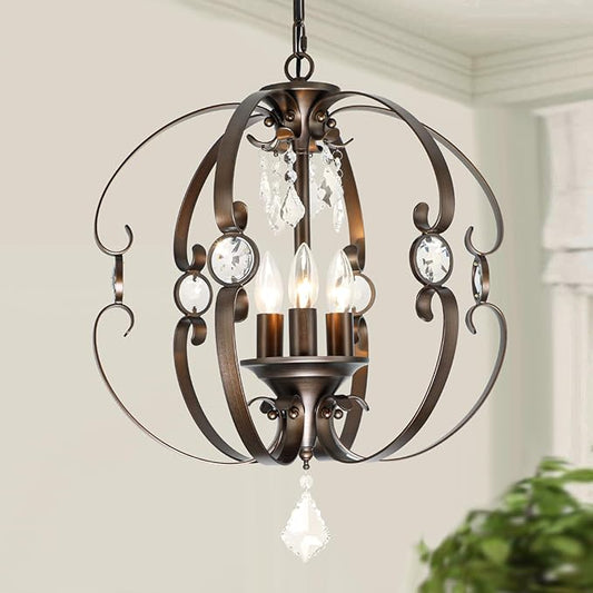 Farmhouse Crystal Chandeliers for Dining Room Light Fixture, 3-Light 18 Inch Candle Bronze Crystal Chandelier for Kitchen Island, Living Room, Foyer, Staircase, Villa