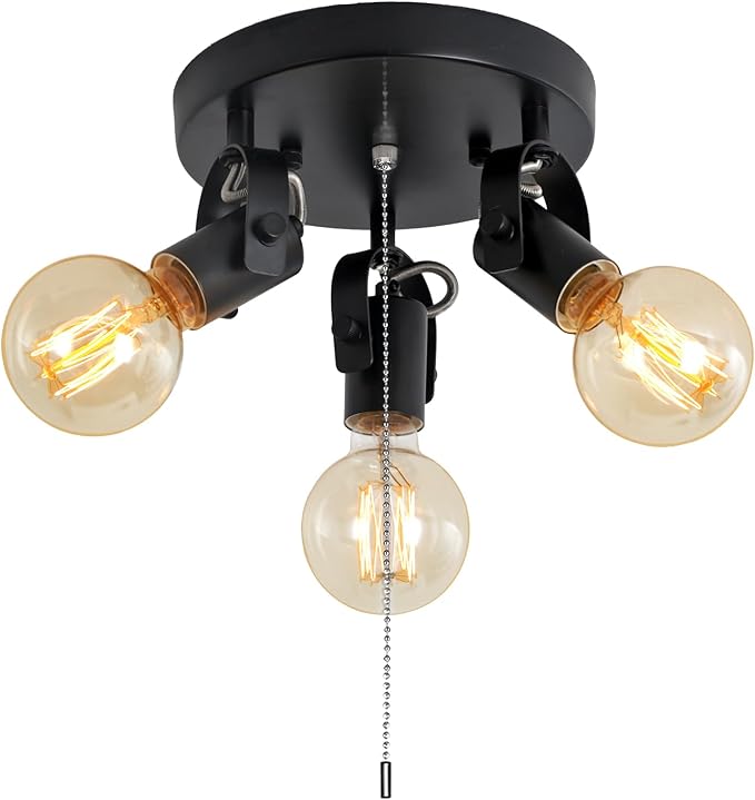 3 Light Flush Mount Ceiling Light with Pull Chain, Industrial Kitchen Ceiling with Rotatable Light Head,Black Pull Chain Spotlight for Bedroom Hallway Kitchen Laundry