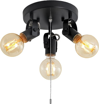 3 Light Flush Mount Ceiling Light with Pull Chain, Industrial Kitchen Ceiling with Rotatable Light Head,Black Pull Chain Spotlight for Bedroom Hallway Kitchen Laundry