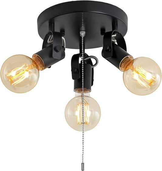 3 Light Flush Mount Ceiling Light with Pull Chain, Industrial Kitchen Ceiling with Rotatable Light Head,Black Pull Chain Spotlight for Bedroom Hallway Kitchen Laundry