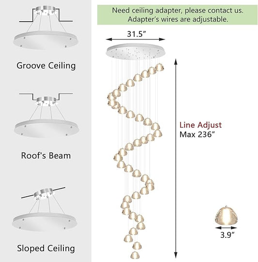 236'' Long Large Crystal Chandeliers LED Chandeliers for High Ceiling Handing Light Fixture for Entrance Hallway Foyer Staircase Lobby Silver