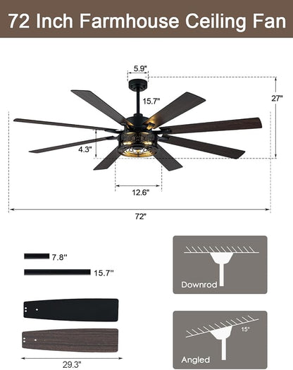72 Inch Farmhouse Ceiling Fan with Lights and Remote Large Rustic Ceiling Fan Black Caged Fandelier Industrial Chandelier Light, Reversible Quiet DC Motor 6 Speed for Indoor Outdoor