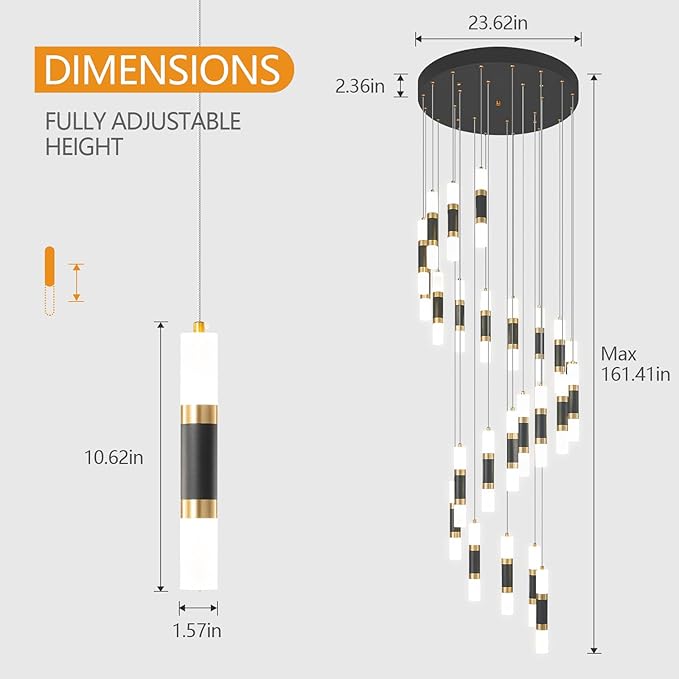 24-Light Modern Kitchen Island Dimmable LED Modern Black Gold Ceiling Pendant Light Living Room Bedroom Foyer LED 144W Stairs Large Chandelier