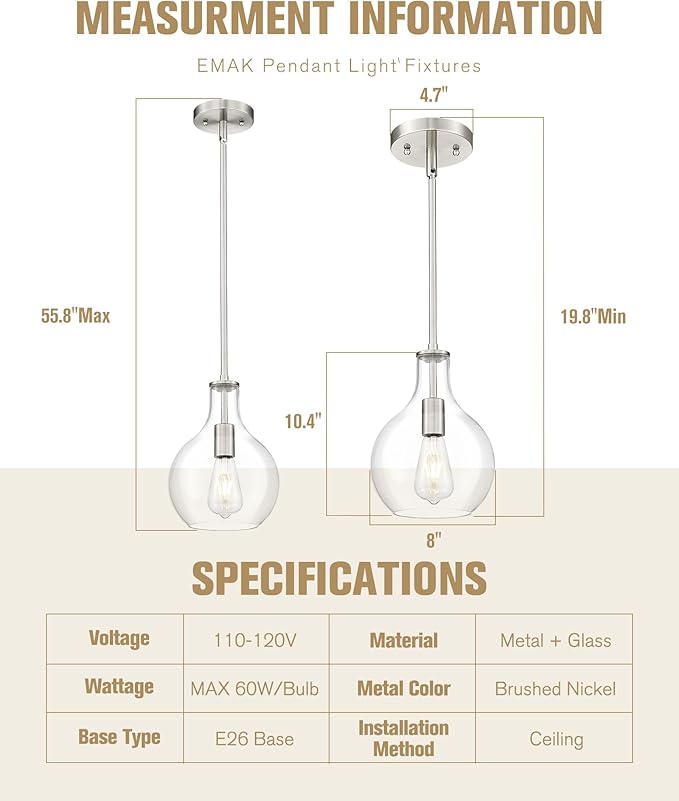 Emak 8 Inch Brushed Nickel Pendant Light, Modern Glass Pendant Lights Kitchen Island, 2 Pack Hanging Lights for Kitchen, Bathroom, Bedroom, Dining Room, PL125-BN-2PK