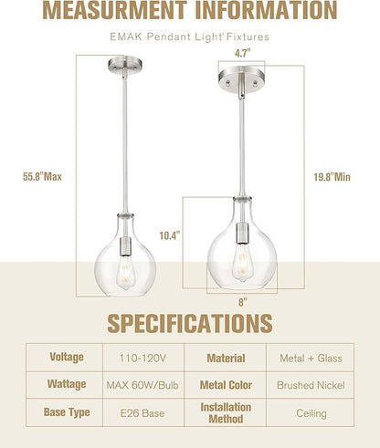 Emak 8 Inch Brushed Nickel Pendant Light, Modern Glass Pendant Lights Kitchen Island, 2 Pack Hanging Lights for Kitchen, Bathroom, Bedroom, Dining Room, PL125-BN-2PK