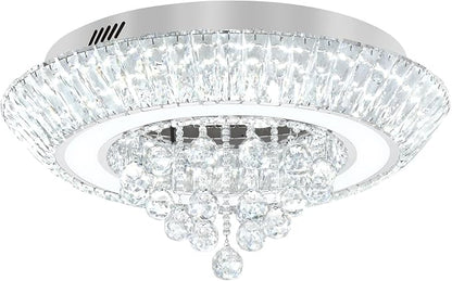 Modern Led Crystal Chandelier for Living Room Crystal Raindrop Chandeliers for Dining Room, Bedroom 24in Silver Flush Mount Chandelier Ceiling Light with Remote