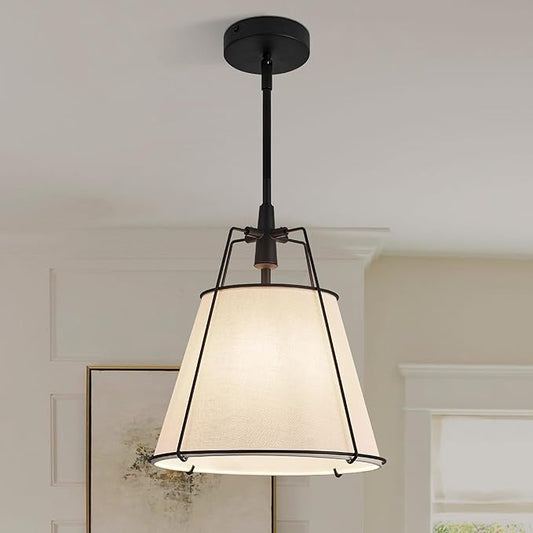 Modern Pendant Light Fixtures with 13" Off-White Linen Fabric Shade, Adjustable Hanging Light Fixture,Drum Black Vintage Chandelier for Kitchen Island Bedroom Dining Room Foyer Entryway