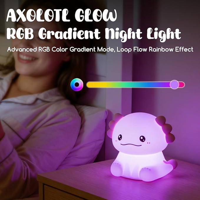 Cute Axolotl Night Light for Kids, 3 Adjustable Brightness Levels & 6 White Noise Sounds,Rechargeable Variable Color Axolotl lamp Gifts,Cute Room Decor Night Light for Kids Girls Boys