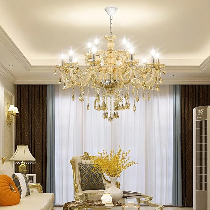 Luxury K9 Crystal Chandelier 15 Light, Modern Cognac Crystal Ceiling Chandelier Lighting Fixture Candle Style E12 Base for Dinning Living Room Bedroom Hallway (15 Lights)