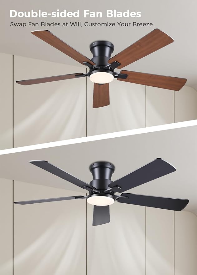 JSAITEE 52Inch Ceiling Fan with Lights and Remotes, Modern Smart Flush Mount Ceiling Fans,DC Reversible Motor, 3CCT Dimmable,Noiseless,Dual Finish, Brown 6 Speeds Ceiling Fan for Indoor/Outdoor
