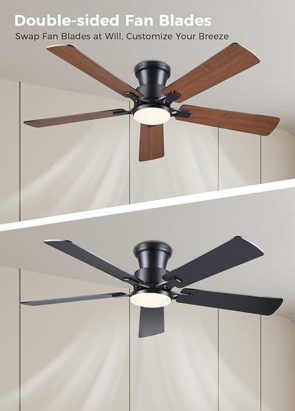 JSAITEE 52Inch Ceiling Fan with Lights and Remotes, Modern Smart Flush Mount Ceiling Fans,DC Reversible Motor, 3CCT Dimmable,Noiseless,Dual Finish, Brown 6 Speeds Ceiling Fan for Indoor/Outdoor