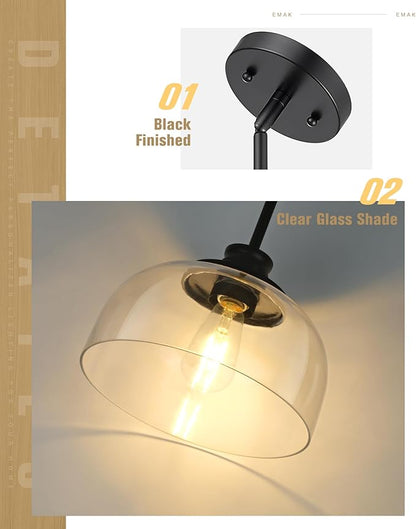 Emak Modern Pendant Lights Kitchen Island, Black Pendant Light with 10 Inch Clear Glass Shade, Farmhouse Hanging Light Fixture for Kitchen Island, Dining Room, Bathroom, Bar, PL131-BK-CG