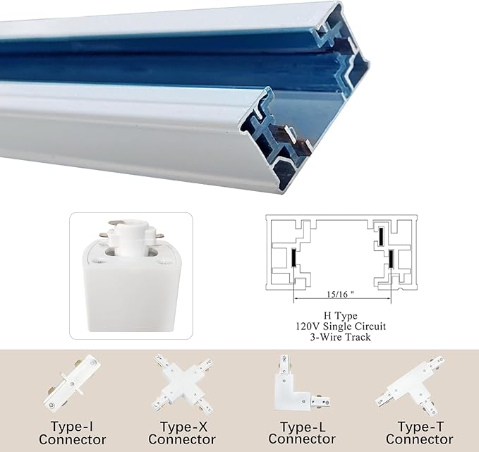 White Aluminum Alloy Shell H Type Track Lighting Rails, 4PCS H Track Lighting Rails Kit 120V Single Circuit 3-Wire 6.5 FT (3.28FT*2) with Extra I Connector Wall Anchors for H Track Lighting Heads