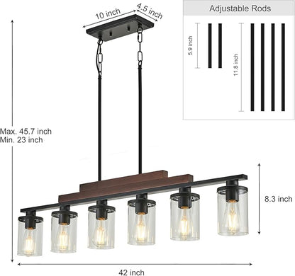 Farmhouse Chandelier 6-Light Dining Room Light Fixture Over Table Kitchen Island Lighting Rustic Chandeliers for Dining Light with Glass Shade Wood Pendant Lights Kitchen Island