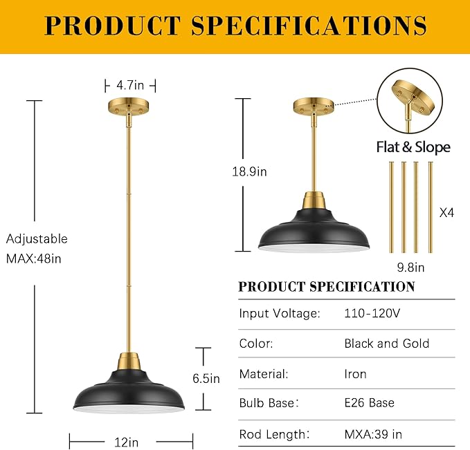 Black and Gold Pendant Light, 12" Matte Black Pendant Lights Fixtures Adjustable Rod Gold Modern Hanging Lighting,for Kitchen Island Dining Room Bar Restaurant Sink Entrance