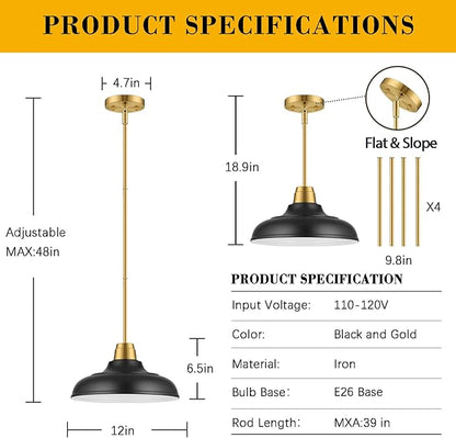 Black and Gold Pendant Light, 12" Matte Black Pendant Lights Fixtures Adjustable Rod Gold Modern Hanging Lighting,for Kitchen Island Dining Room Bar Restaurant Sink Entrance