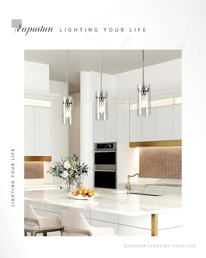 EAPUDUN Pendant Lights Kitchen Island (3 Pack), Clear Glass Shade Kitchen Lighting fixtures Ceiling Hanging, Brushed Nickel Light for Kitchen Island,Dining Room,Corridor Bedroom E26 Base