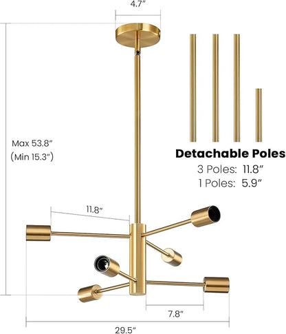RUIYEY Modern Sputnik Chandeliers Light, 6-Light Gold Dining Room Chandelier Over Table, E26 Mid Century Ceiling Light Fixtures Height Adjustable Hanging Pendant Lighting for Entryway Foyer