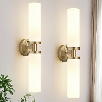 Indoi Wall Sconces Set of Two, Hardwired Brass Bathroom Sconces Wall Lighting with Milky White Glass, Modern Sconces Wall Decor Set of 2 Bathroom Light fixtures for Mirror Living Room Hallway Bedroom