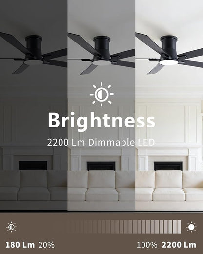 60 Inch Ceiling Fans with Lights and Remote, Black Low Profile Ceiling Fan, Flush Mount Style with 5 Blades, For Indoor Bedroom Living Room/Outdoor, 6 Speed Reversible DC Motor, 3CCT Dimmable LED