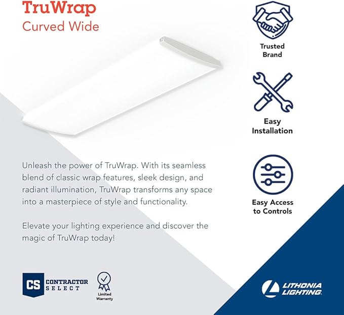 Lithonia Lighting TruWrap 4 Foot LED Ceiling Light Fixture, Low-Profile Wraparound LED Shop Light, Adjustable Lumens, Selectable Warm White/Cool White/Daylight Color, Curved Diffuser, Wide Width