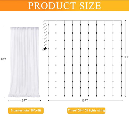 Fomcet Tulle Backdrop Curtains White 30FT X 8FT Tulle Curtains with Lights String Sheer Backdrop Curtain for Parties Wedding Baby Shower Photo Shoot Decorations (6 Panels 5 x 8FT)