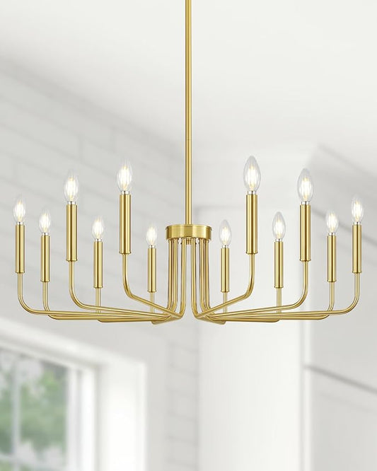 Yunnix 12-Light Gold Chandelier, 35" Extra Large Modern Gold Chandelier Brushed Gold Chandelier Light Fixture - Gold Farmhouse Chandelier for Dining Room, Living Room, Kitchen Island, Hall, Foyer