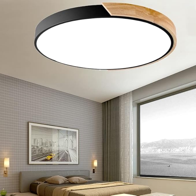 LED Ceiling Light Fixture,16 Inch Modern Wood Recessed Ceiling Lights, Dimmable Light,Black 24W Close to Ceiling Lighting Flush Mount Living Room Bedroom,3000K-6000K