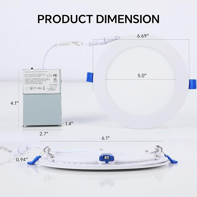 Simple Deluxe 12 Pack 6 Inch Ultra-Thin Recessed Ceiling Light with Junction Box,2700K-5000K 5CCT,1050LM 12W Eqv 110W Brightness Dimmable Canless Wafer Downlight ETL&FCC
